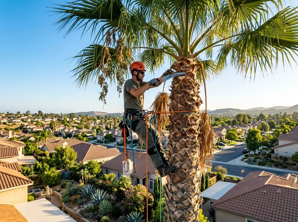 Arborist trimming dry fronds and seed pods high on a California fan palm under blue sky