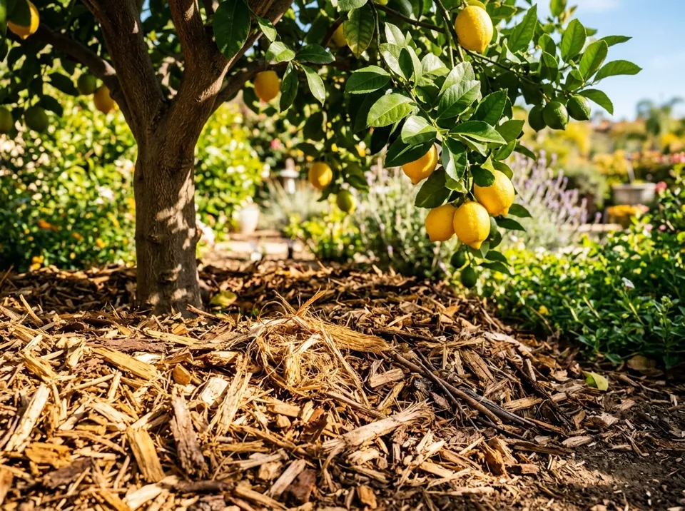 Fresh organic arborist wood-chip mulch spread around the base of a lemon tree in Southern California